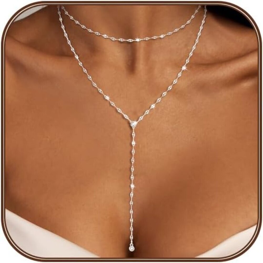 Silver Gold Necklace for Women 20+2 in Dainty Y-Shaped Pendant Adjustable